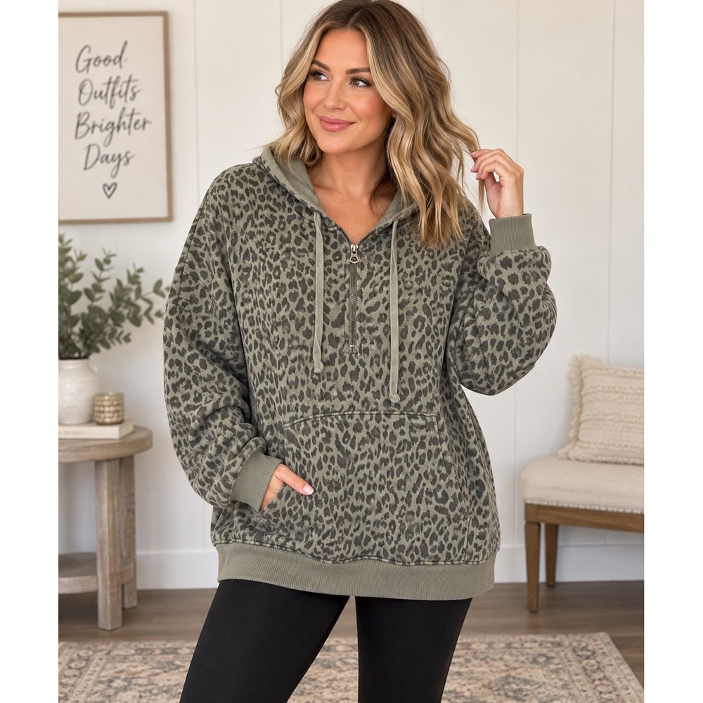American Eagle Ahh-Mazingly Soft Leopard Print Quarter Zip Hoodie Women's L